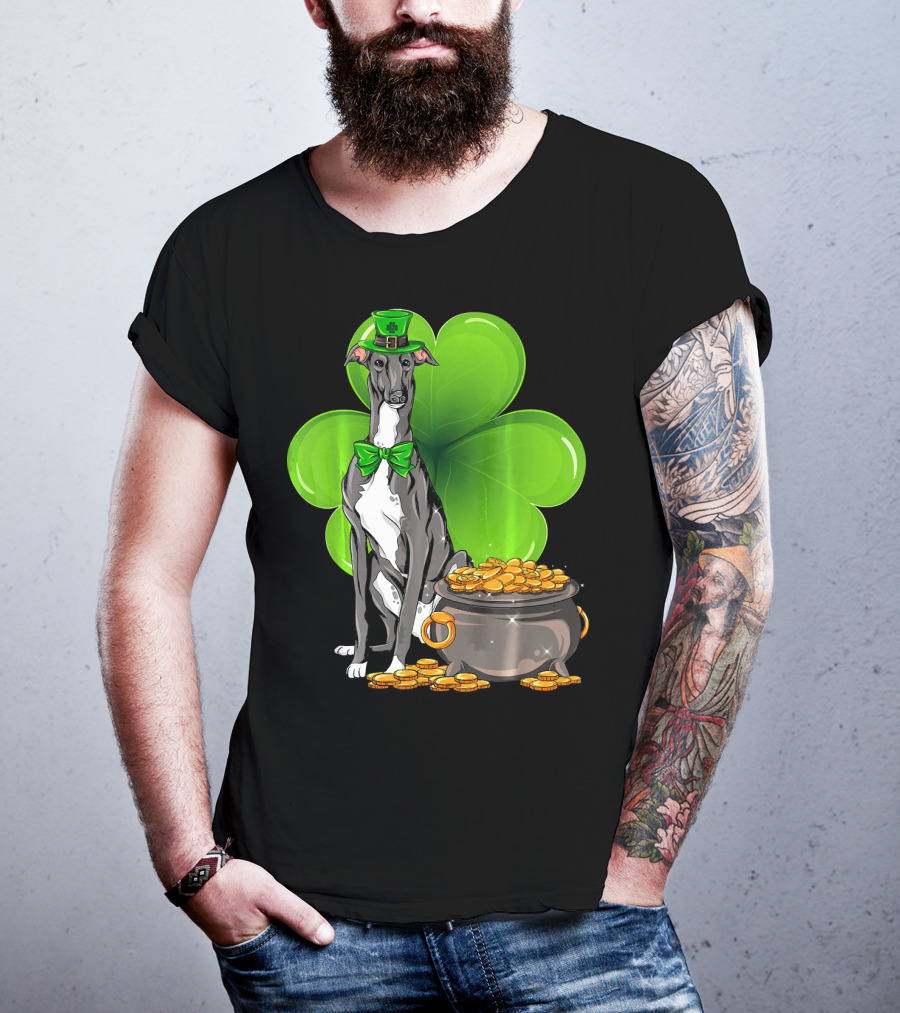 Greyhound St Patricks Day Leprechaun Dog With Shamrock And Pot Of Gold T-Shirt