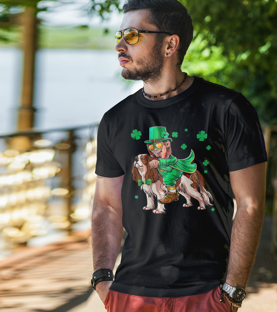 Leprechaun Riding Cavalier King Charles Spaniel With Shamrocks T-Shirt