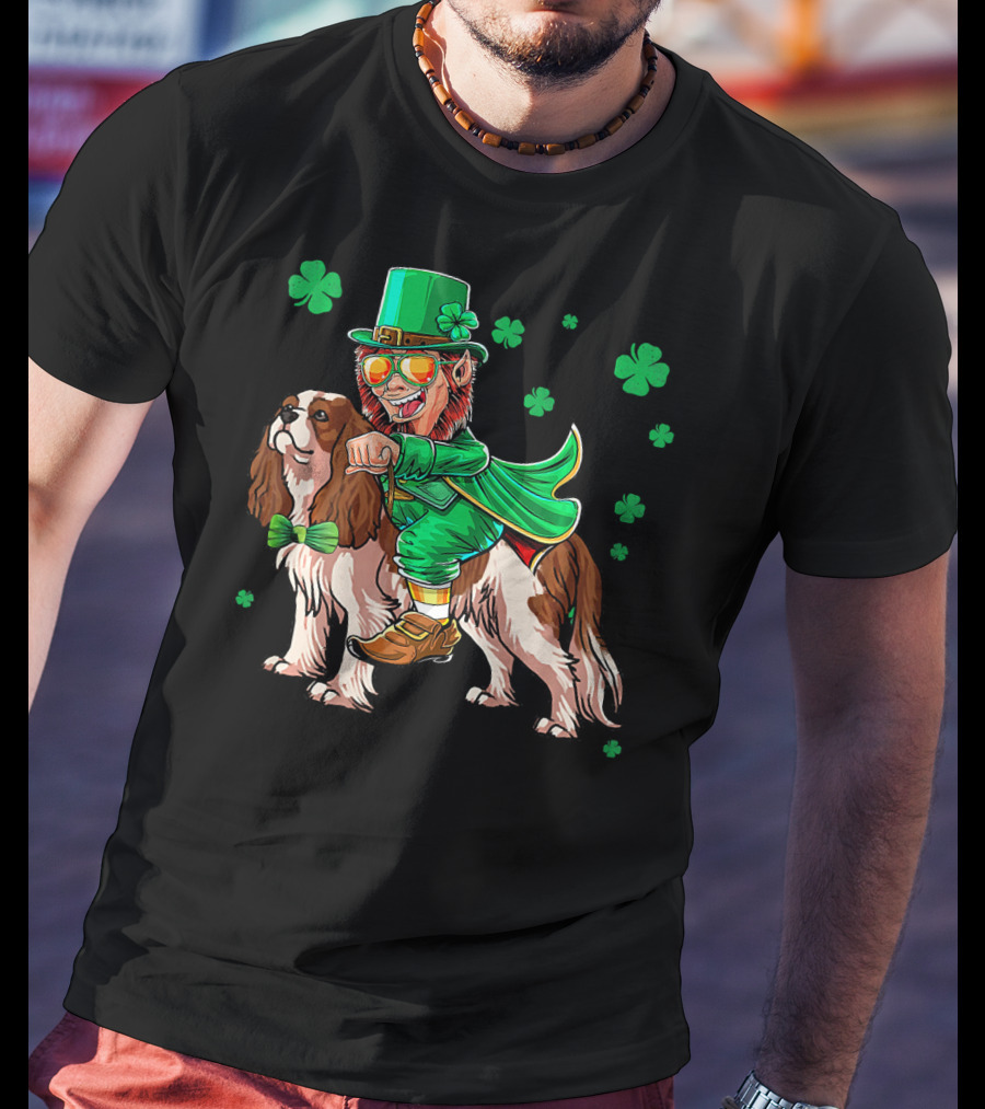 Leprechaun Riding Cavalier King Charles Spaniel With Shamrocks T-Shirt