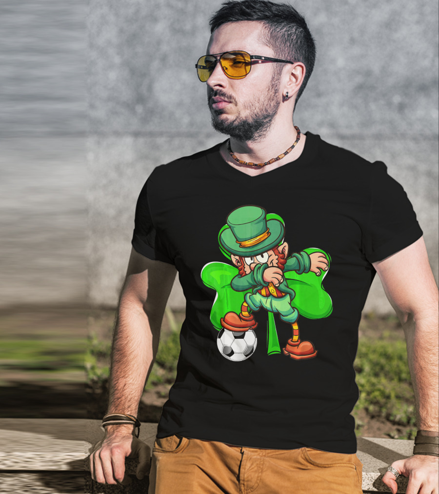 Dabbing Leprechaun Kicking Soccer Ball With Shamrock Background T-Shirt