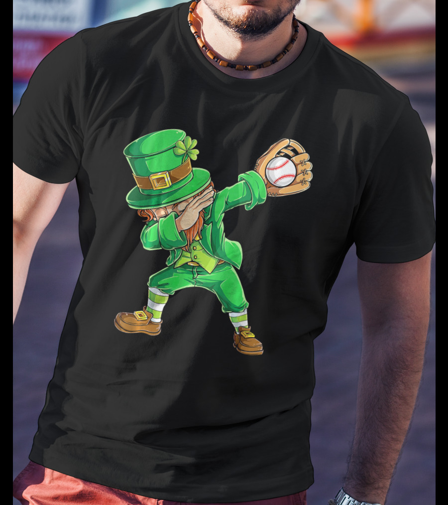 Dabbing Leprechaun Baseball Glove Pitcher Fantasy T-Shirt