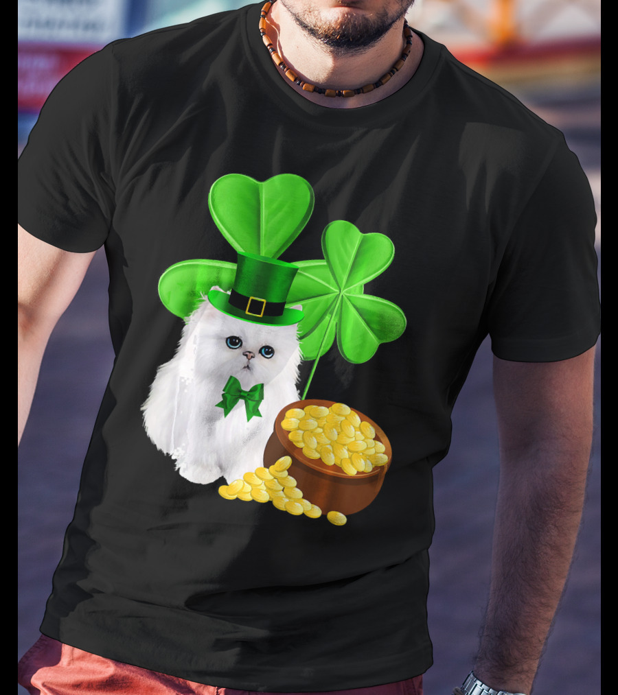 Persian Cat With Leprechaun Hat And Shamrocks St Patricks Day T-Shirt