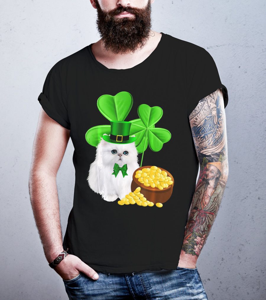 Persian Cat With Leprechaun Hat And Shamrocks St Patricks Day T-Shirt