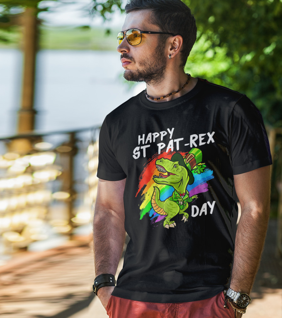Happy St Pat Rex Day Cute St Patrick Dinosaur Rainbow T-Shirt