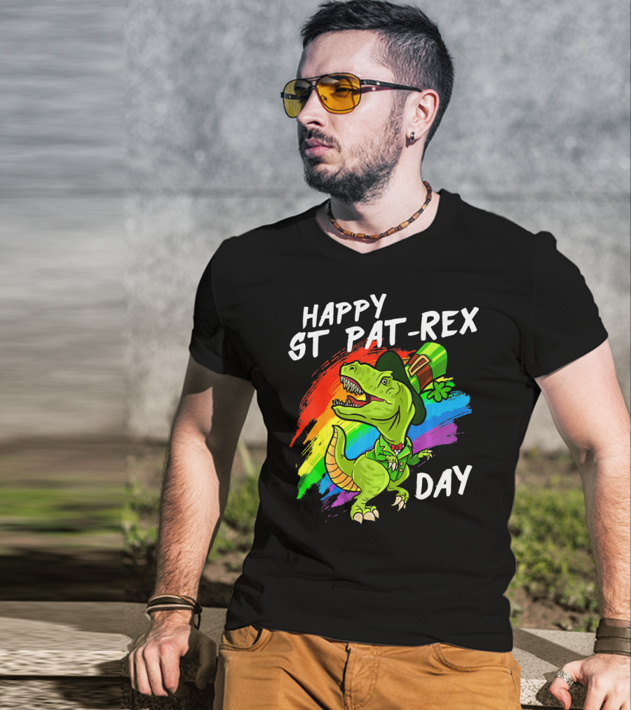 Happy St Pat Rex Day Cute St Patrick Dinosaur Rainbow T-Shirt