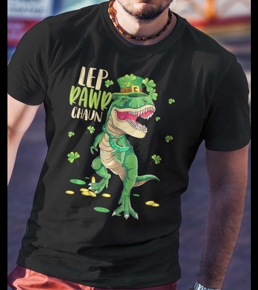 Leprawrchaun St. Patrick's Day Dinosaur With Shamrocks And Gold Coins T-Shirt