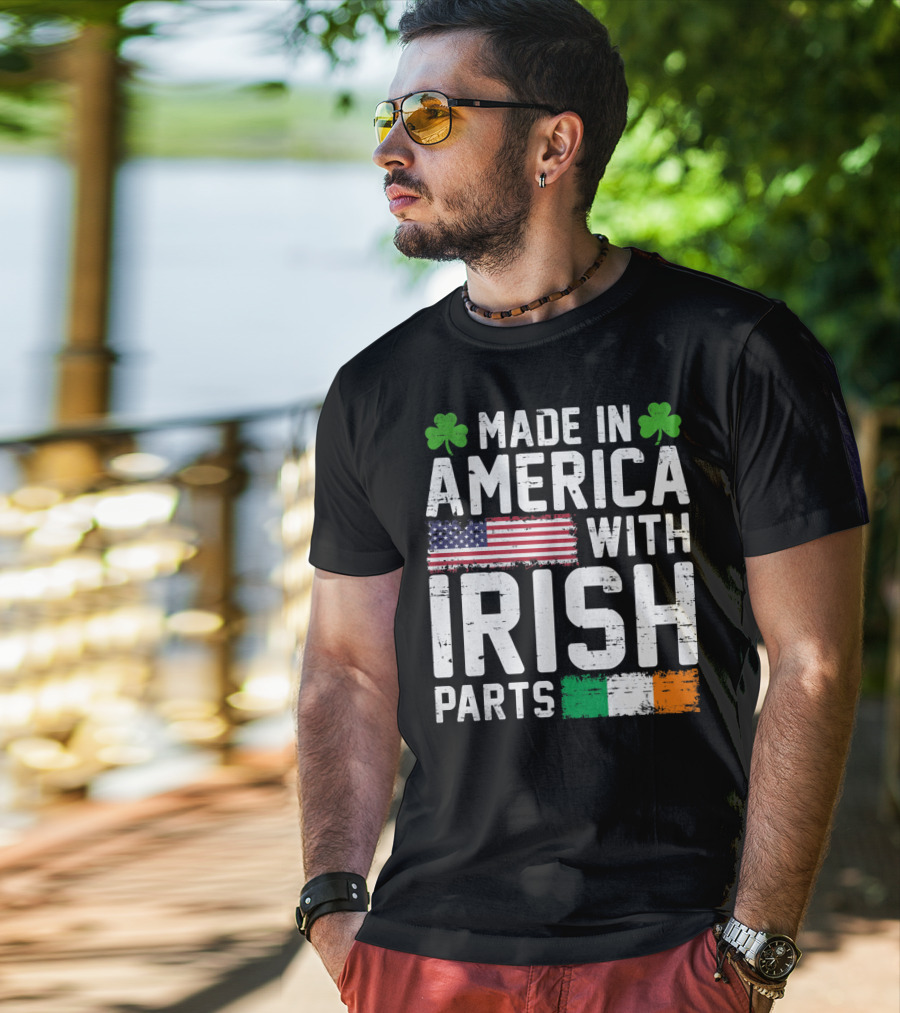 Made In America With Irish Parts Shamrock Flag Print T-Shirt
