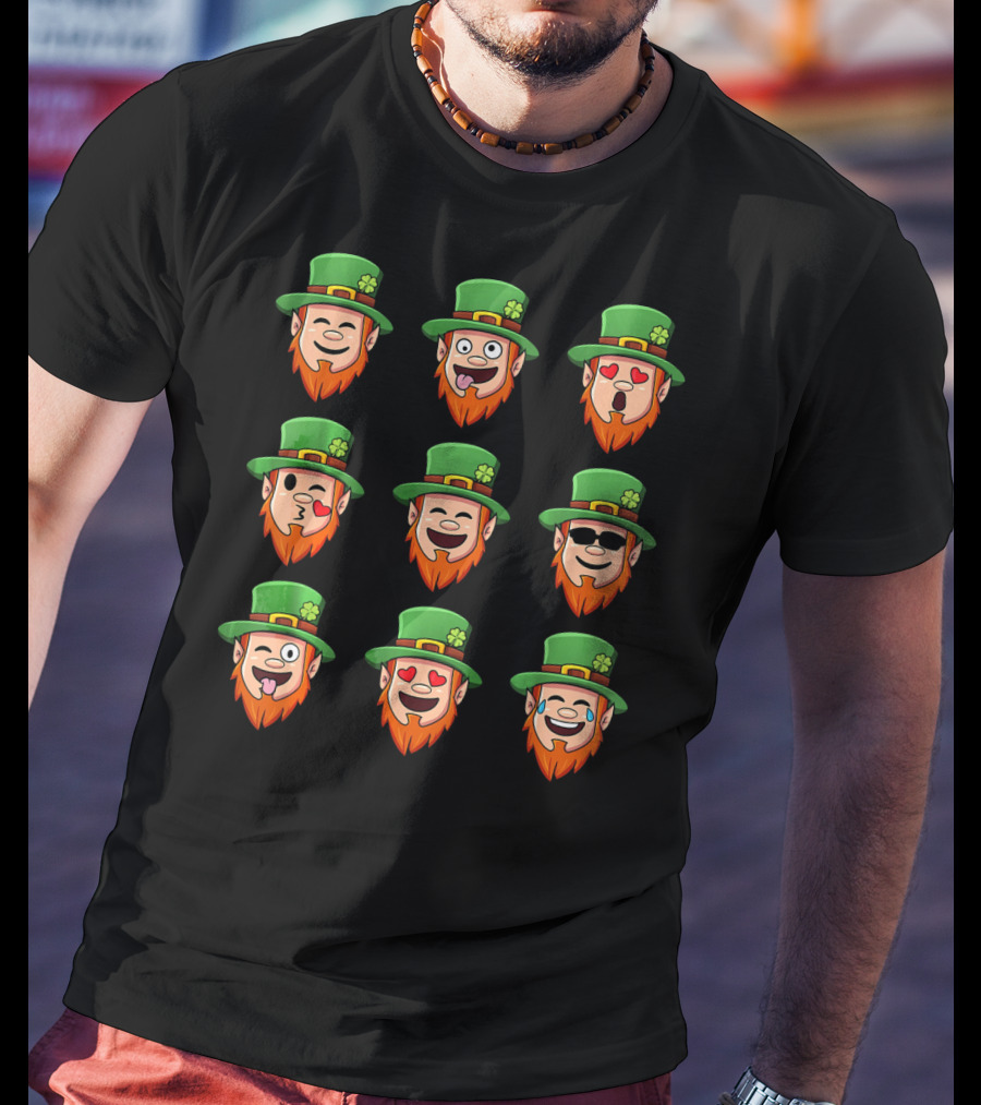Leprechaun Emoji Faces With Various Expressions In Green Hat And Orange Beard T-Shirt