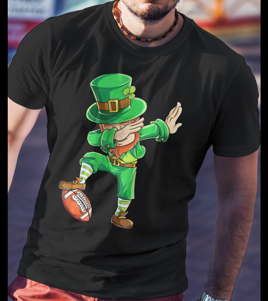 Leprechaun Dabbing On Football With Green Hat And Orange Beard T-Shirt