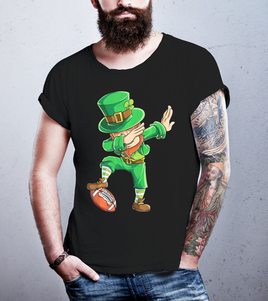 Leprechaun Dabbing On Football With Green Hat And Orange Beard T-Shirt