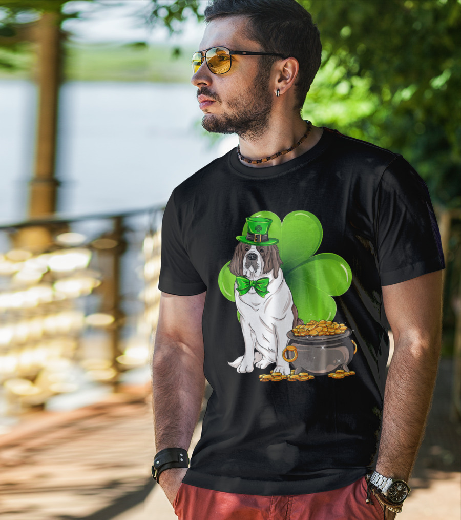 Saint Bernard Leprechaun St Patricks Day Pot Of Gold Clover T-Shirt