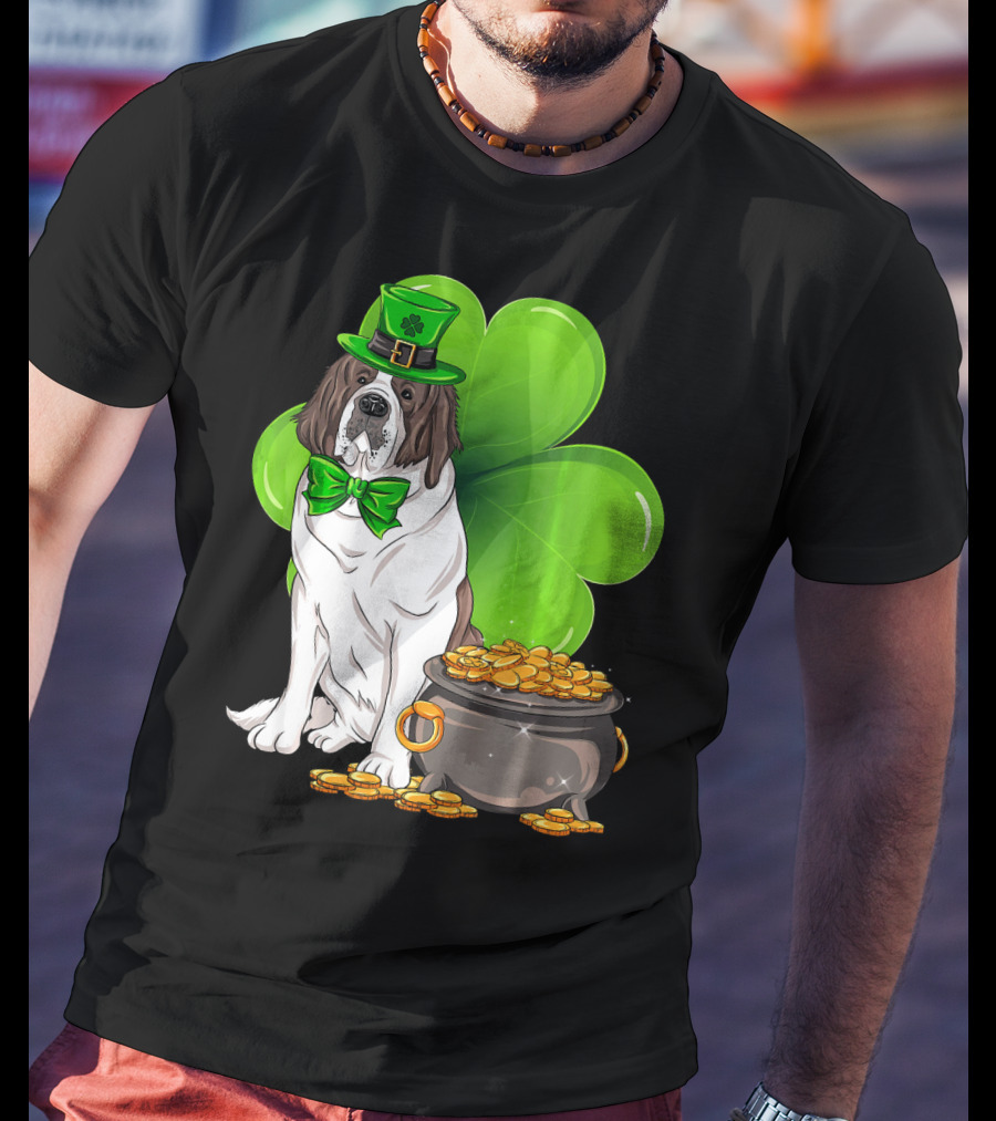 Saint Bernard Leprechaun St Patricks Day Pot Of Gold Clover T-Shirt