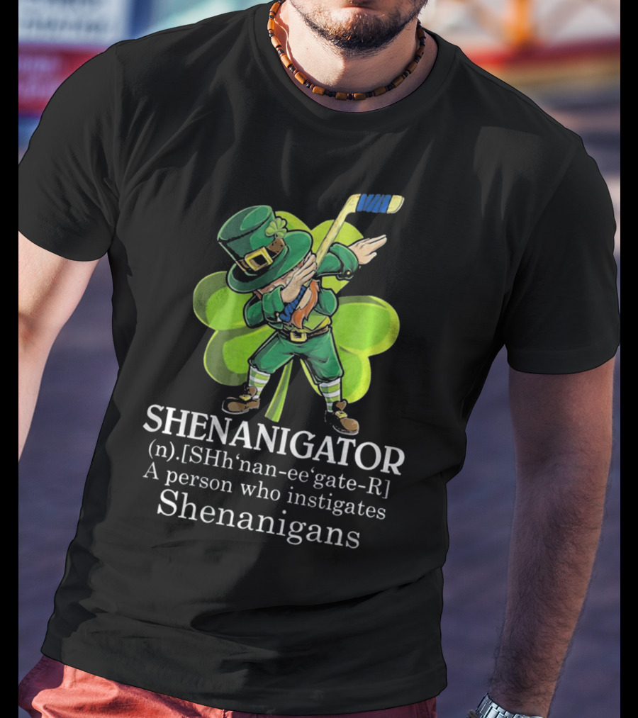 Shenanigator Dabbing Leprechaun Instigates Shenanigans Hockey Shamrock T-Shirt