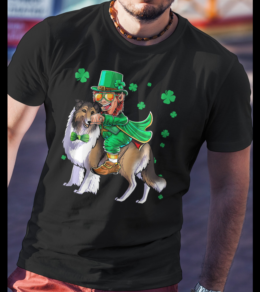 Leprechaun Riding Collie With Shamrocks For St. Patrick's Day T-Shirt