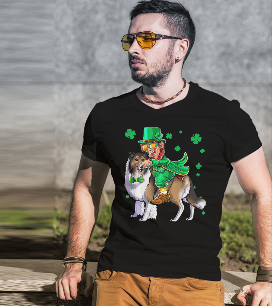 Leprechaun Riding Collie With Shamrocks For St. Patrick's Day T-Shirt