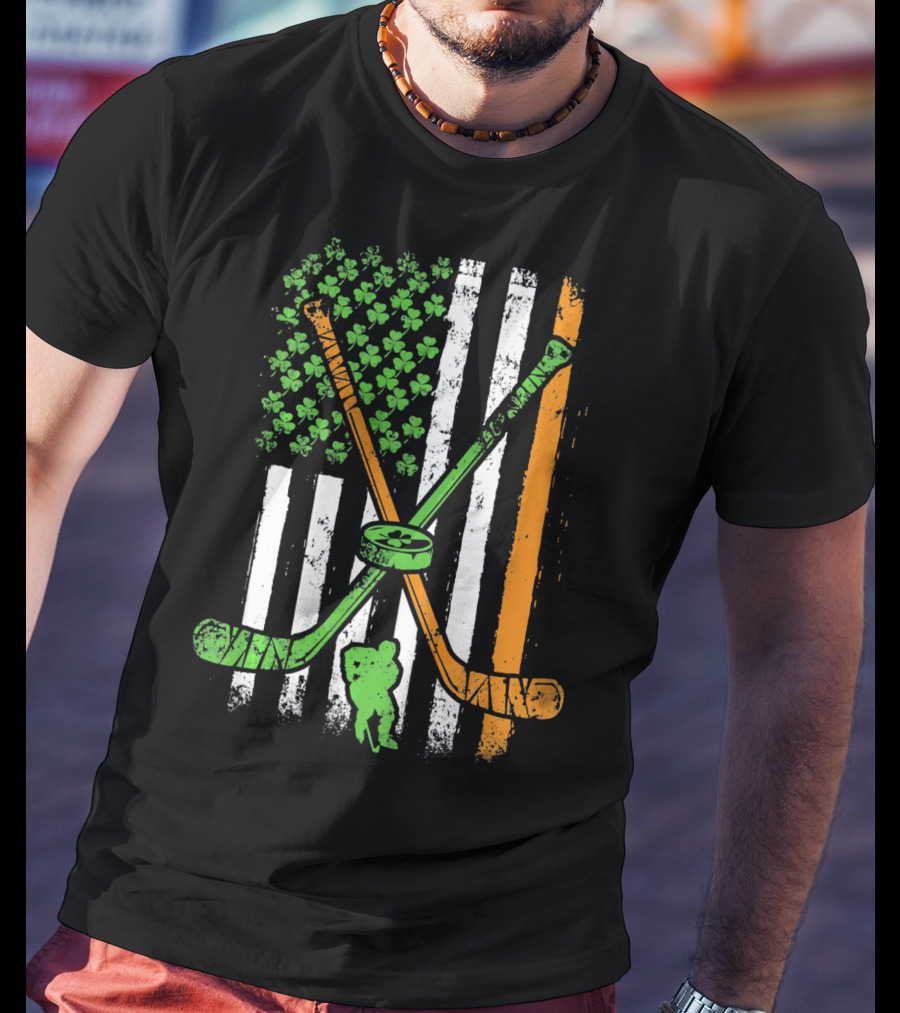 Irish American Flag Shamrock Hockey Sticks Player T-Shirt