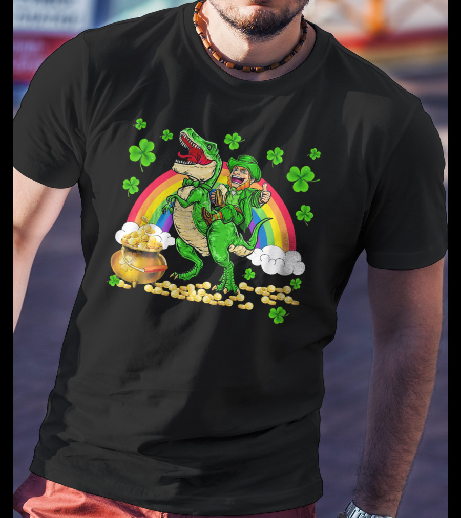 Leprechaun Riding Dinosaur With Rainbow And Pot Of Gold T-Shirt