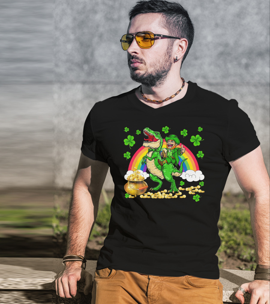 Leprechaun Riding Dinosaur With Rainbow And Pot Of Gold T-Shirt