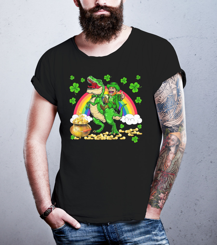 Leprechaun Riding Dinosaur With Rainbow And Pot Of Gold T-Shirt