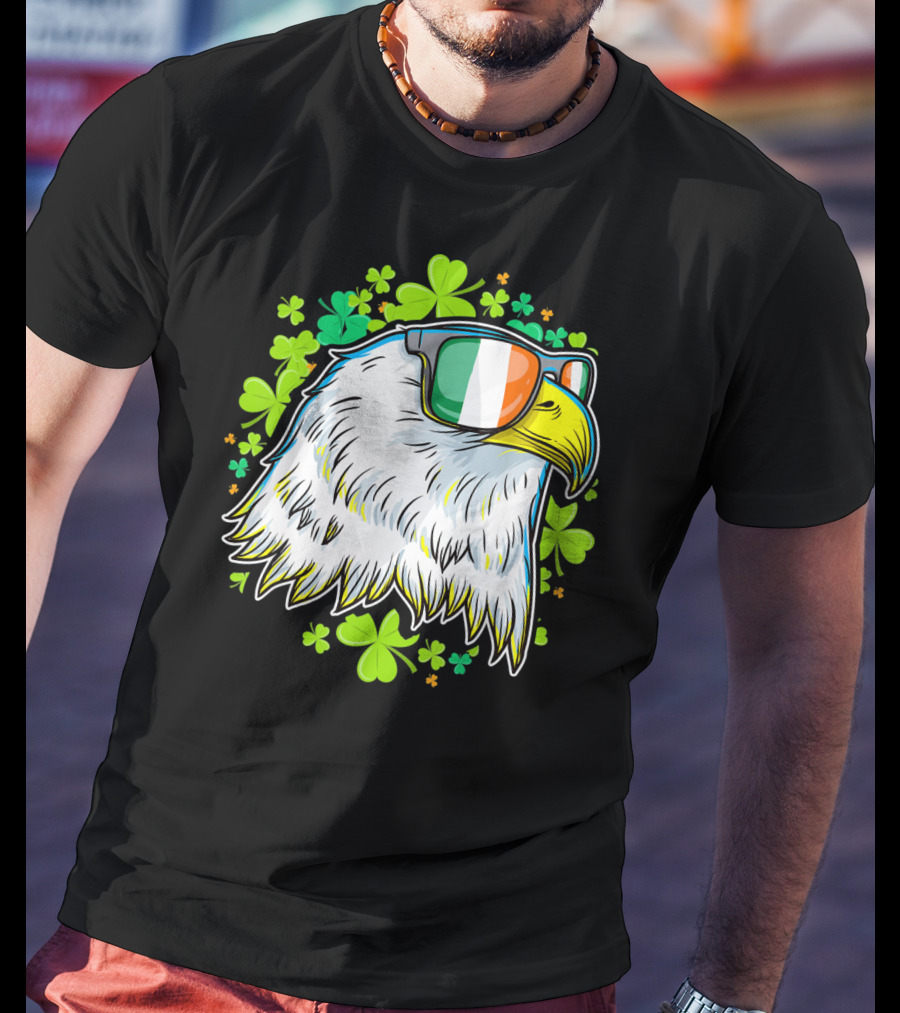 Mens Funny St Patricks Day Eagle Clover Sunglasses T-Shirt