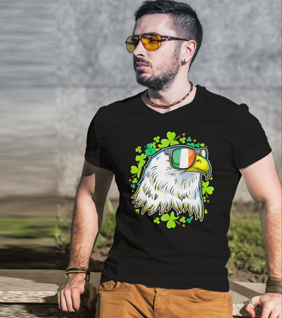 Mens Funny St Patricks Day Eagle Clover Sunglasses T-Shirt
