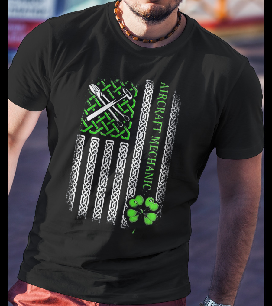 Aircraft Mechanic Clover Flag Celtic Knot T-Shirt