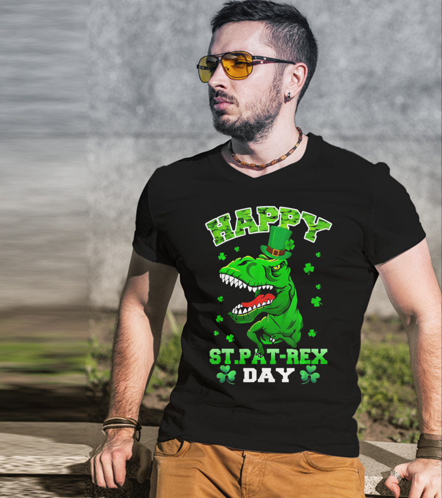 Happy St. Pat-Rex Day Dinosaur With Shamrocks T-Shirt