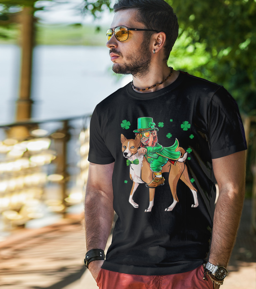 Leprechaun Riding Basenji With Shamrocks St Patricks T-Shirt