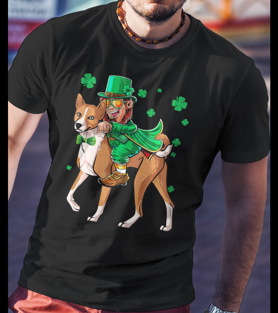 Leprechaun Riding Basenji With Shamrocks St Patricks T-Shirt