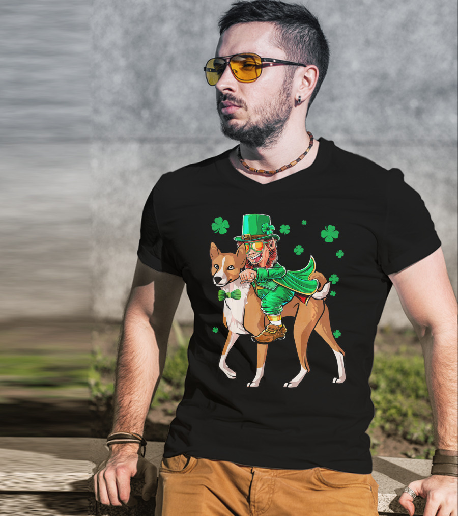 Leprechaun Riding Basenji With Shamrocks St Patricks T-Shirt