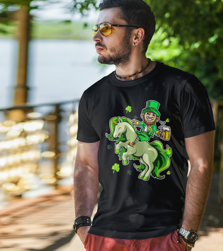 Leprechaun Riding A Green Unicorn Holding Beer With Shamrocks T-Shirt