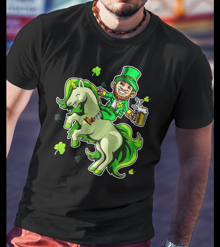 Leprechaun Riding A Green Unicorn Holding Beer With Shamrocks T-Shirt