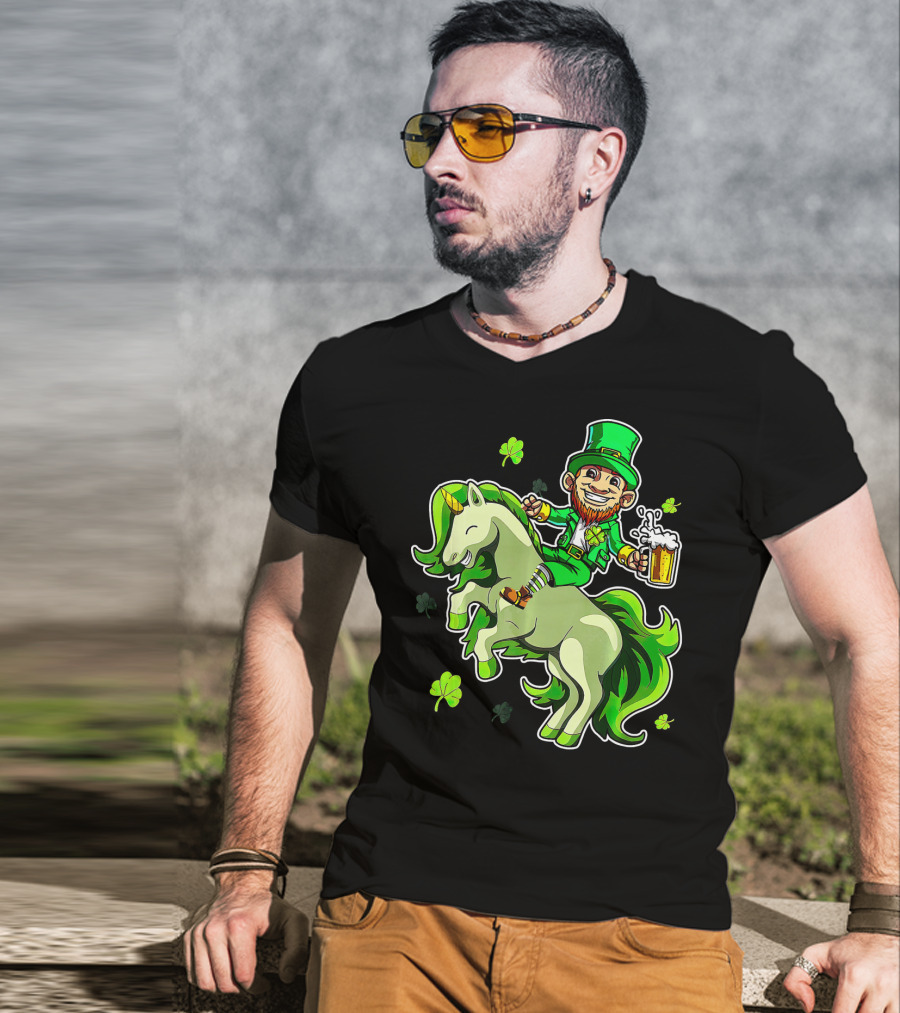 Leprechaun Riding A Green Unicorn Holding Beer With Shamrocks T-Shirt