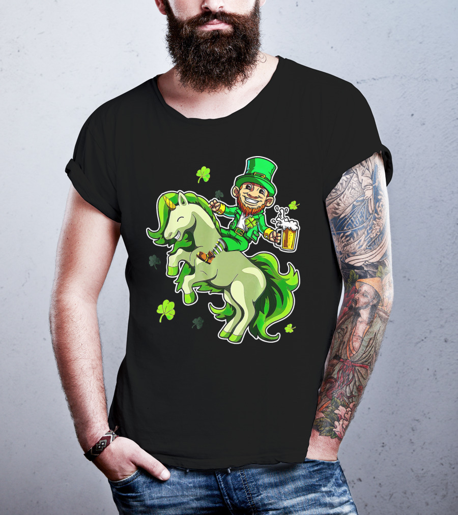 Leprechaun Riding A Green Unicorn Holding Beer With Shamrocks T-Shirt