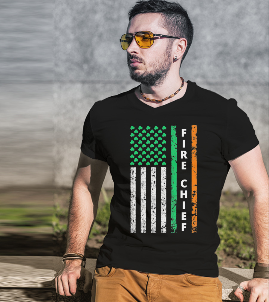 Fire Chief Irish Shamrock American Flag T-Shirt