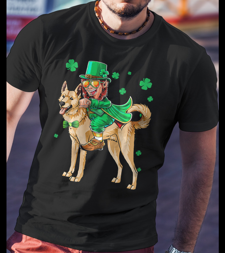 Leprechaun Riding Canaan Dog With Shamrock St. Patrick's Day T-Shirt