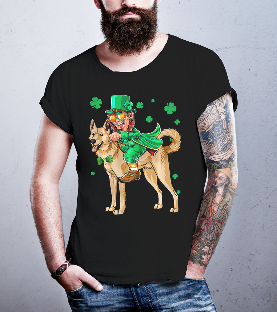 Leprechaun Riding Canaan Dog With Shamrock St. Patrick's Day T-Shirt