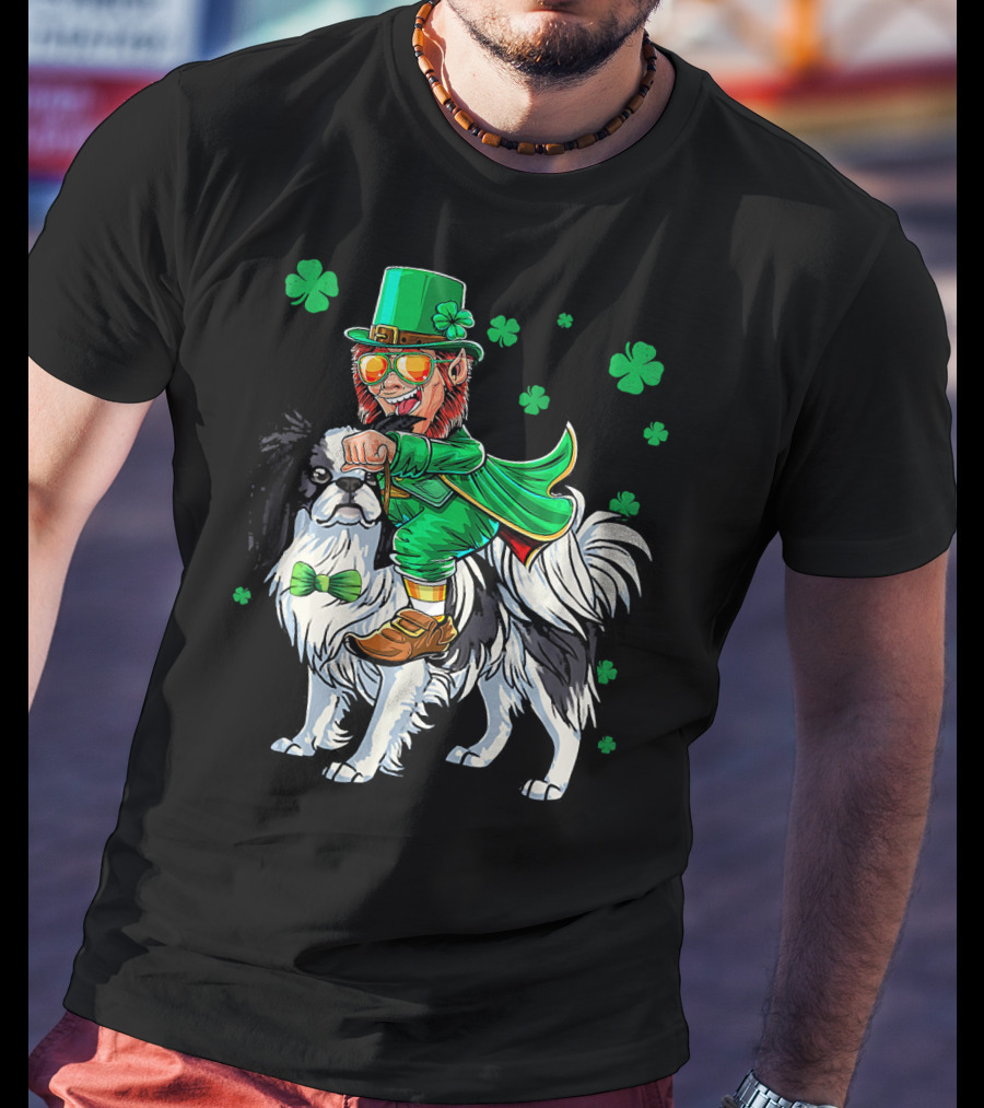 Leprechaun Riding Japanese Chin With Shamrock Clovers T-Shirt