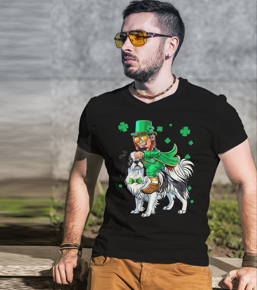 Leprechaun Riding Japanese Chin With Shamrock Clovers T-Shirt