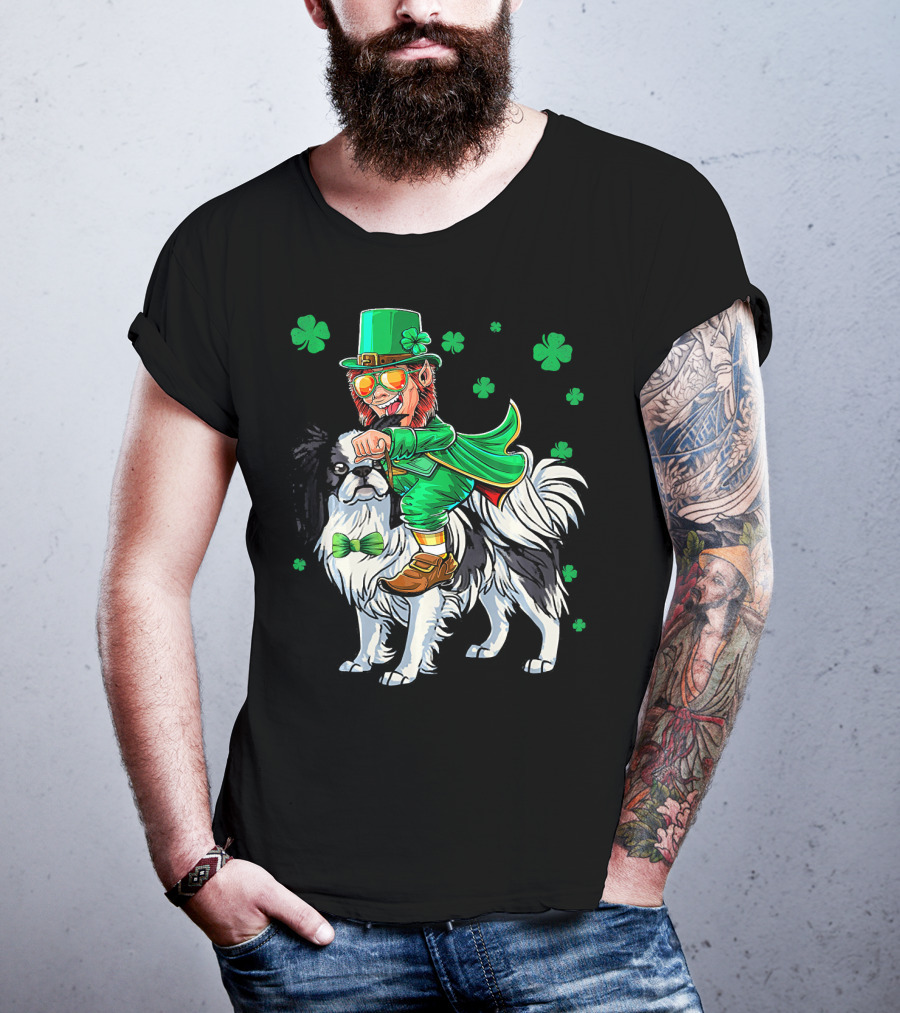 Leprechaun Riding Japanese Chin With Shamrock Clovers T-Shirt