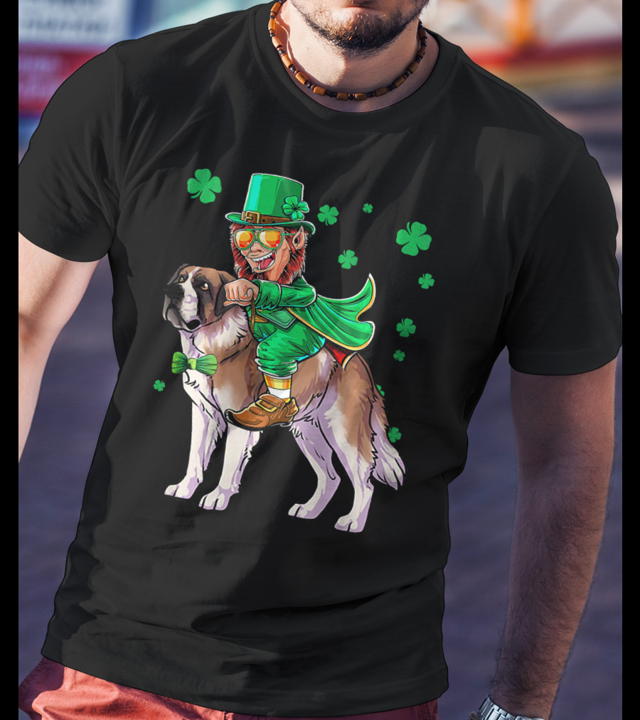 Leprechaun Riding Saint Bernard With Shamrocks T-Shirt