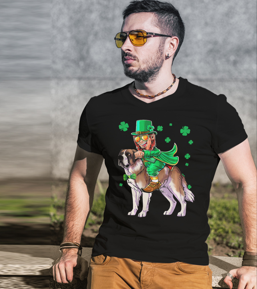 Leprechaun Riding Saint Bernard With Shamrocks T-Shirt