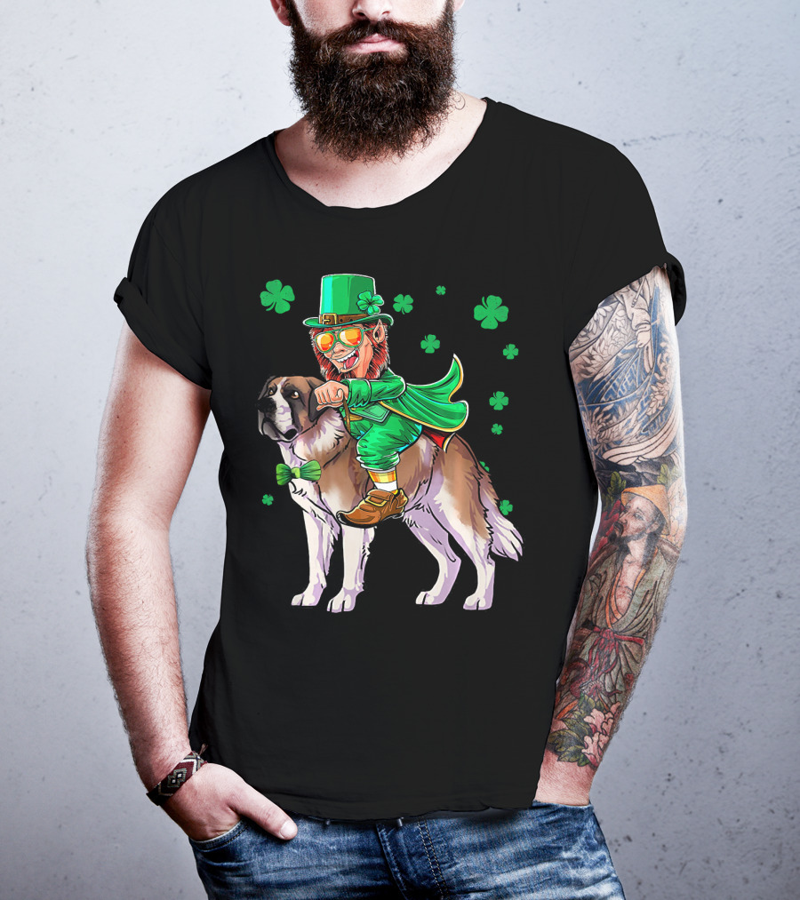 Leprechaun Riding Saint Bernard With Shamrocks T-Shirt