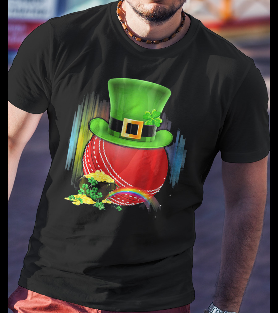 Cricket Ball Leprechaun Hat Rainbow Coin Saint Patricks T-Shirt