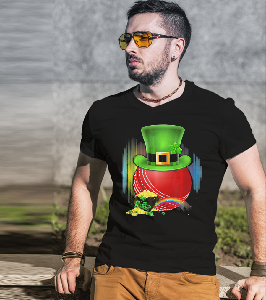 Cricket Ball Leprechaun Hat Rainbow Coin Saint Patricks T-Shirt