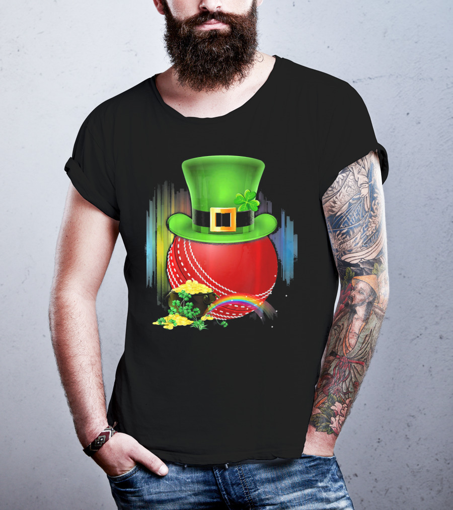 Cricket Ball Leprechaun Hat Rainbow Coin Saint Patricks T-Shirt
