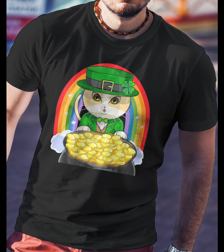 Exotic Cat Leprechaun Pot Of Gold Rainbow Happy St Patricks T-Shirt