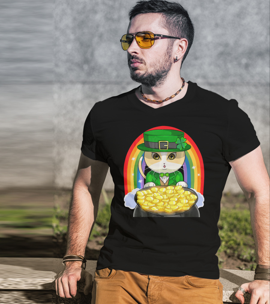 Exotic Cat Leprechaun Pot Of Gold Rainbow Happy St Patricks T-Shirt