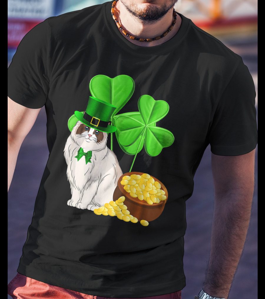 Himalayan Cat St Patricks Day Leprechaun Shamrocks And Gold Coins T-Shirt