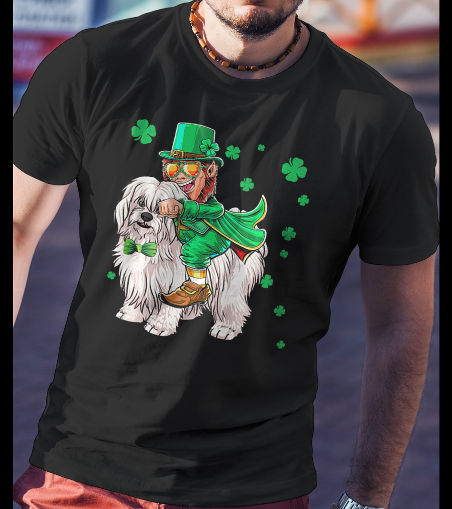 Leprechaun Riding Coton De Tulear With Shamrocks T-Shirt